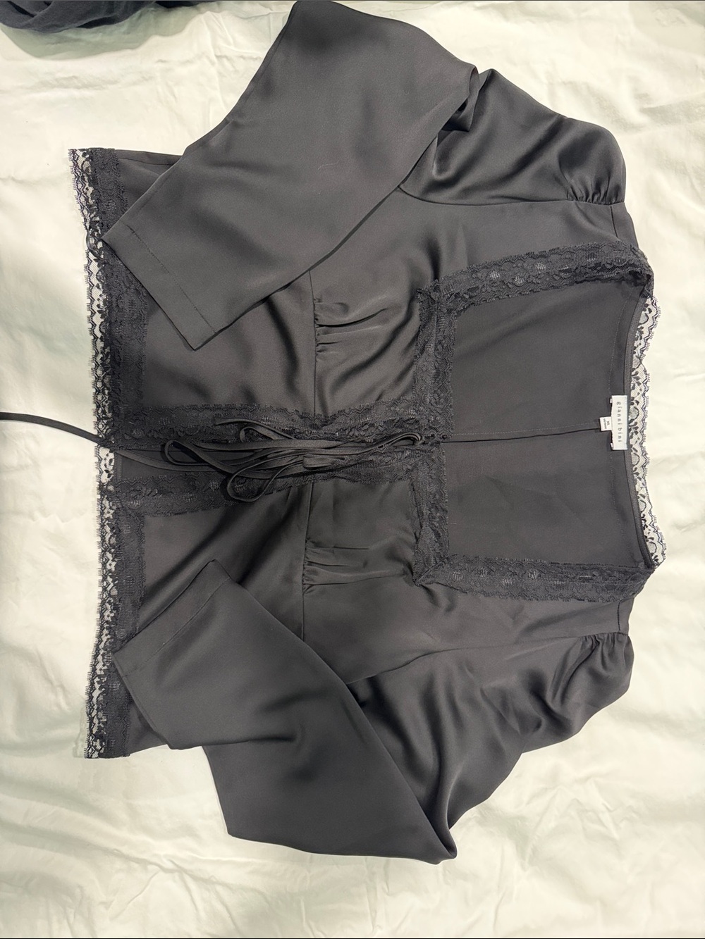 Gianni Bini Black Satin Lace-Trim Front Tie Top